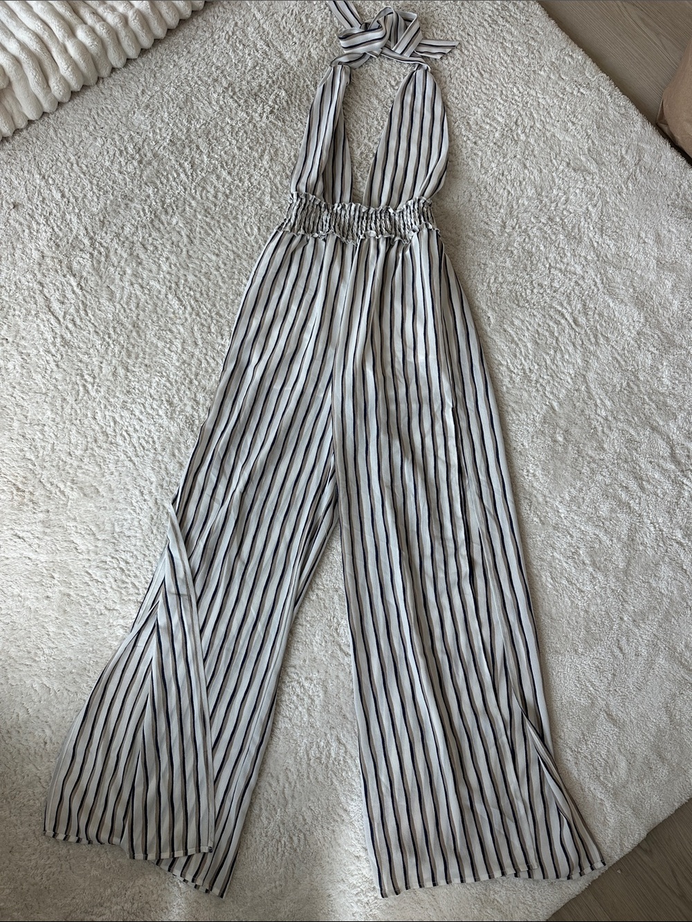 Forever 21 White Halter-Top Striped Wide-Leg Jumpsuit